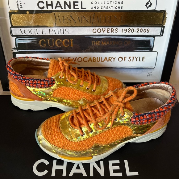 CHANEL Orange Gold Tweed Suede Lace up CC Sneakers - Picture 8 of 16